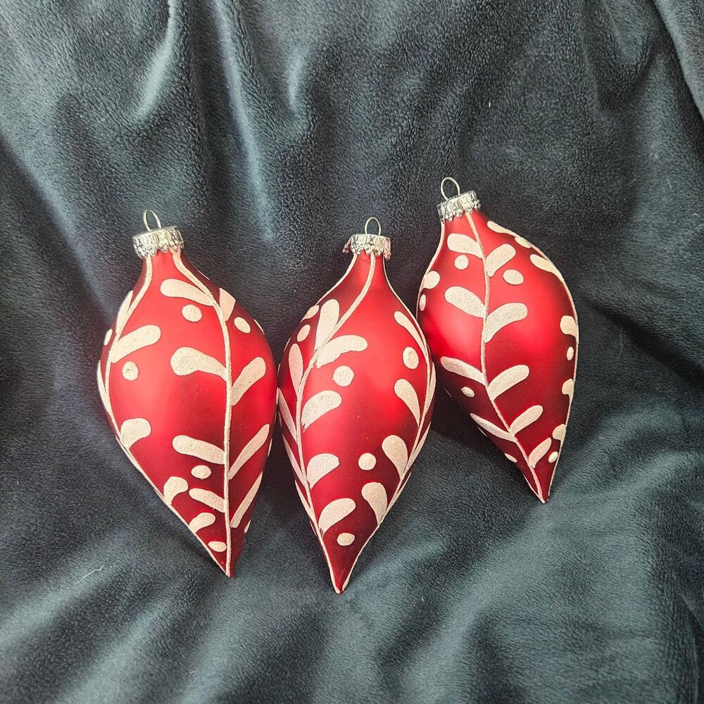 Set of 3 G.D. Red & White Glitter Leaf Christmas Ornaments Glass Teardrop